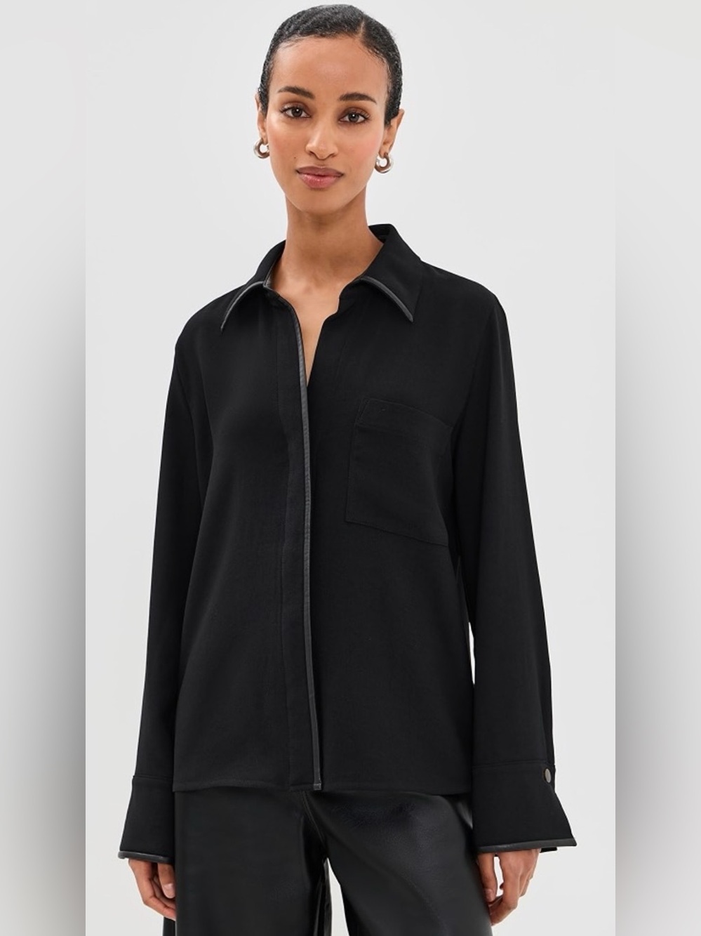 NWT Vince Faux Leather Trim Crepe Button Front Shirt Black XS $398